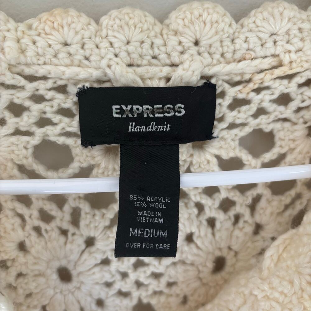 Express Handknit Women's Medium Cream Floral Crochet Sweater Top Cottage Boho - Picture 2 of 7